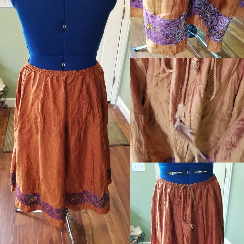 Hand Crafted Rust Orange A-Line Skirt with Purple Trim